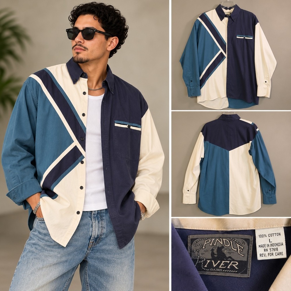 Vintage 80s 90s Spindle River Classics Mens L Colorblock Shirt 100% Cotton Y2K